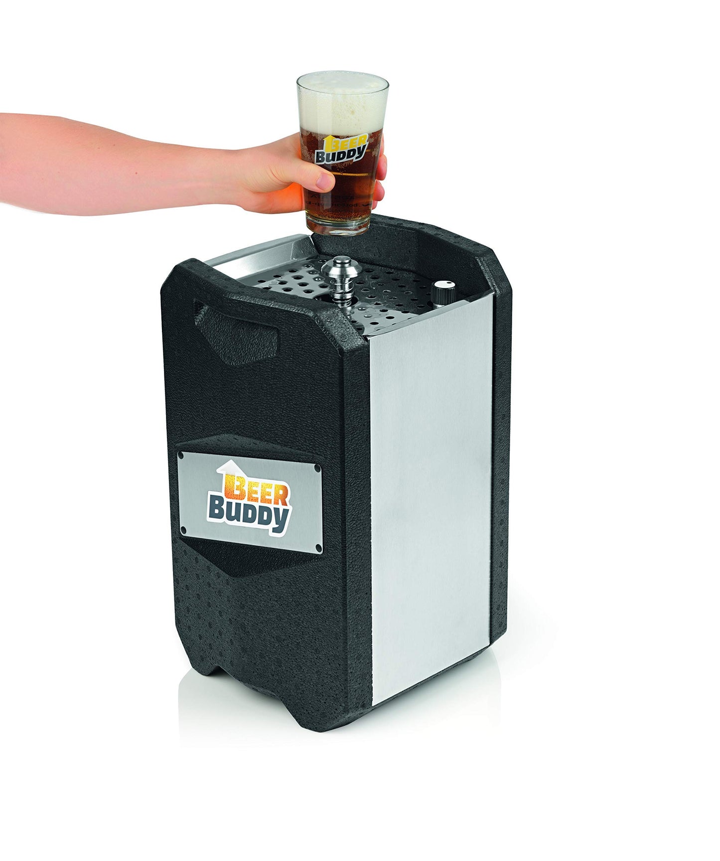 Beer Buddy Version 2023 Bottoms Up Beer Zapfanlage mobil, da ohne Strom. Für alle 5 Liter Partyfässer. Starterpaket inklusive Mehrwegbecher, Co2 Kapseln und Magneten.