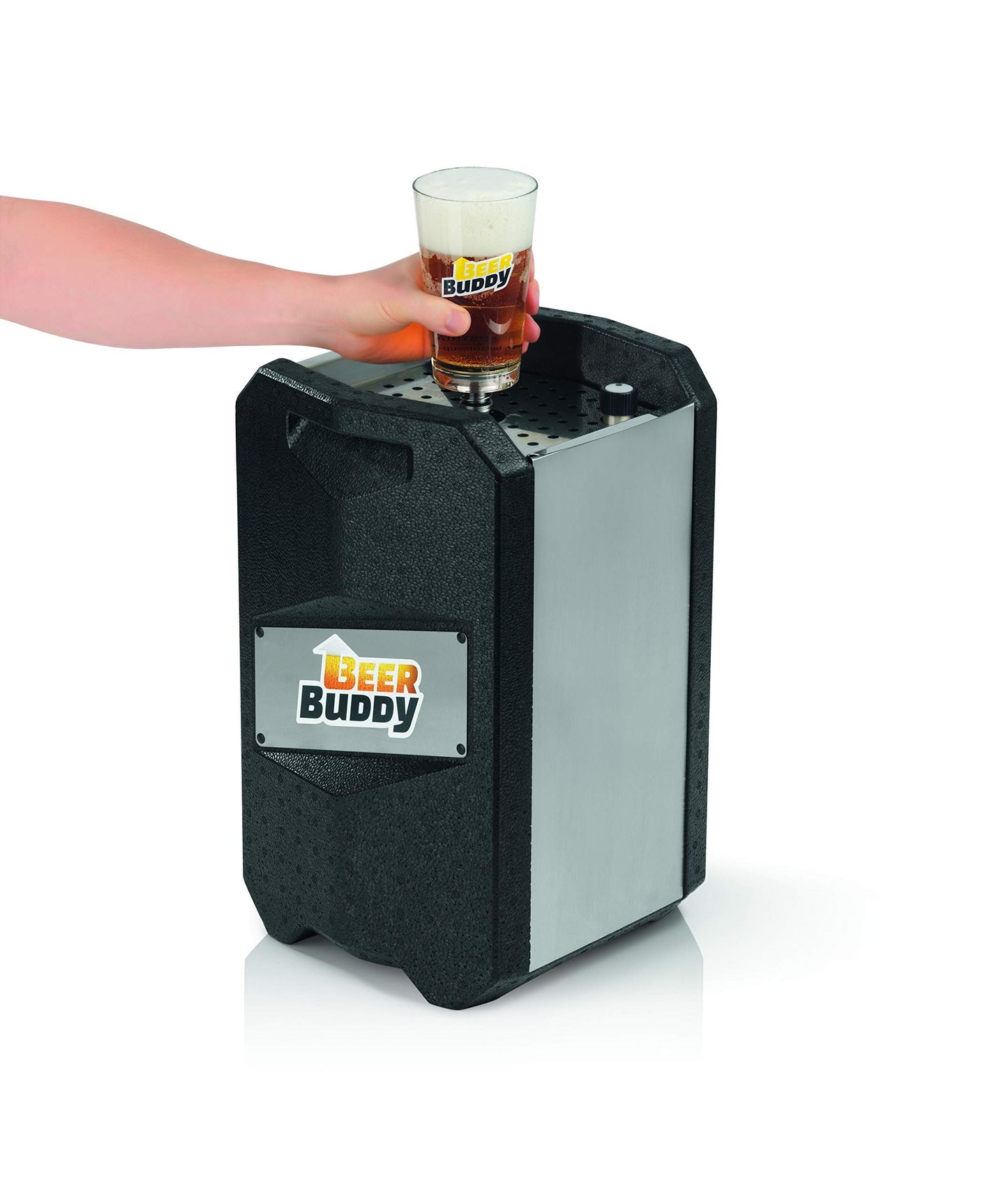 Beer Buddy Version 2023 Bottoms Up Beer Zapfanlage mobil, da ohne Strom. Für alle 5 Liter Partyfässer. Starterpaket inklusive Mehrwegbecher, Co2 Kapseln und Magneten.