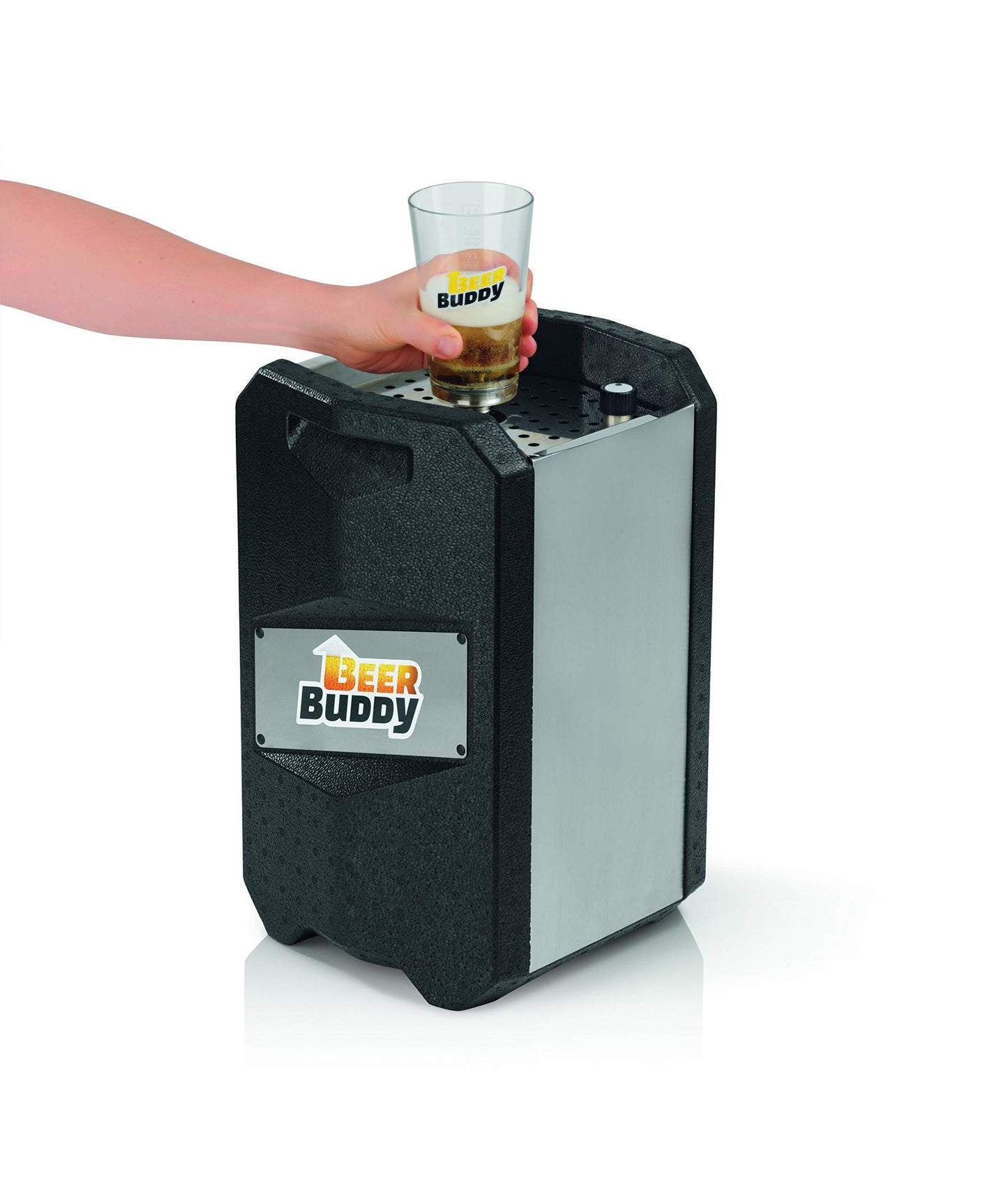 Beer Buddy Version 2023 Bottoms Up Beer Zapfanlage mobil, da ohne Strom. Für alle 5 Liter Partyfässer. Starterpaket inklusive Mehrwegbecher, Co2 Kapseln und Magneten.