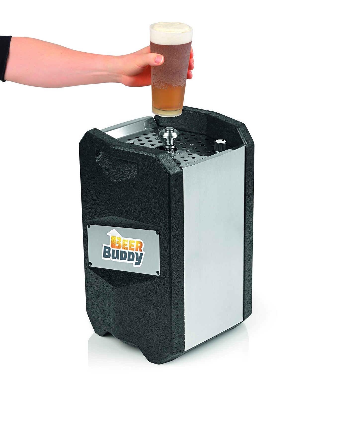 Beer Buddy Version 2023 Bottoms Up Beer Zapfanlage mobil, da ohne Strom. Für alle 5 Liter Partyfässer. Starterpaket inklusive Mehrwegbecher, Co2 Kapseln und Magneten.