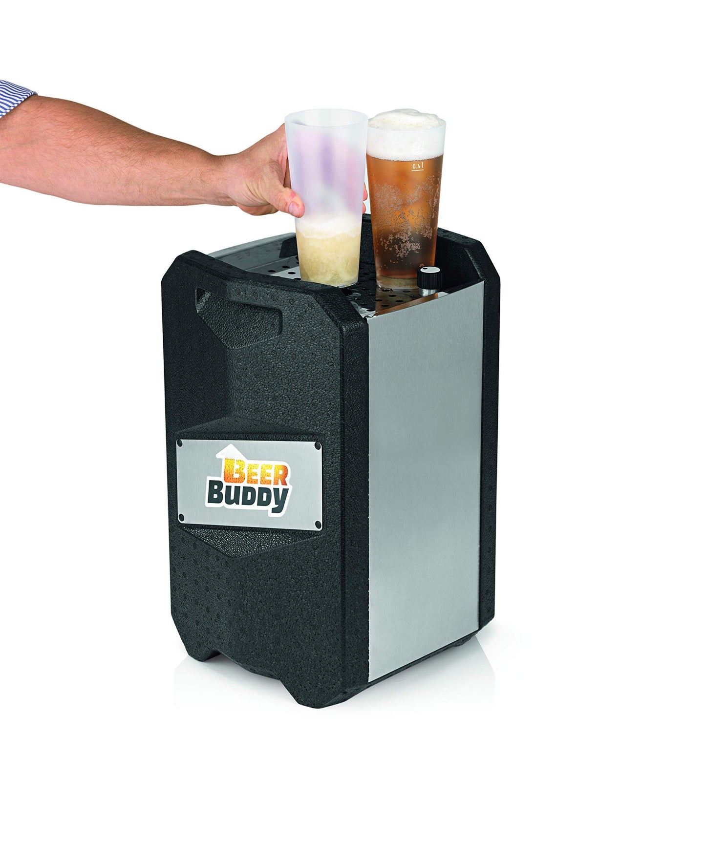 Beer Buddy Version 2023 Bottoms Up Beer Zapfanlage mobil, da ohne Strom. Für alle 5 Liter Partyfässer. Starterpaket inklusive Mehrwegbecher, Co2 Kapseln und Magneten.