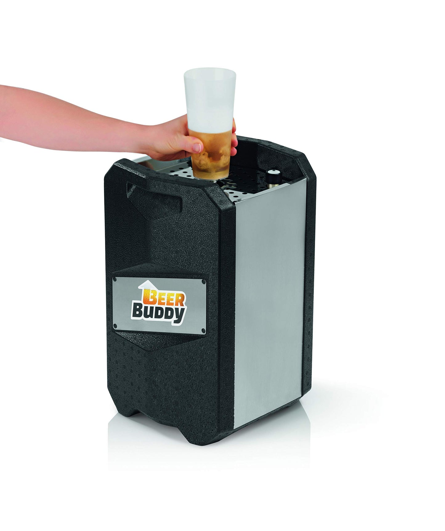 Beer Buddy Version 2023 Bottoms Up Beer Zapfanlage mobil, da ohne Strom. Für alle 5 Liter Partyfässer. Starterpaket inklusive Mehrwegbecher, Co2 Kapseln und Magneten.