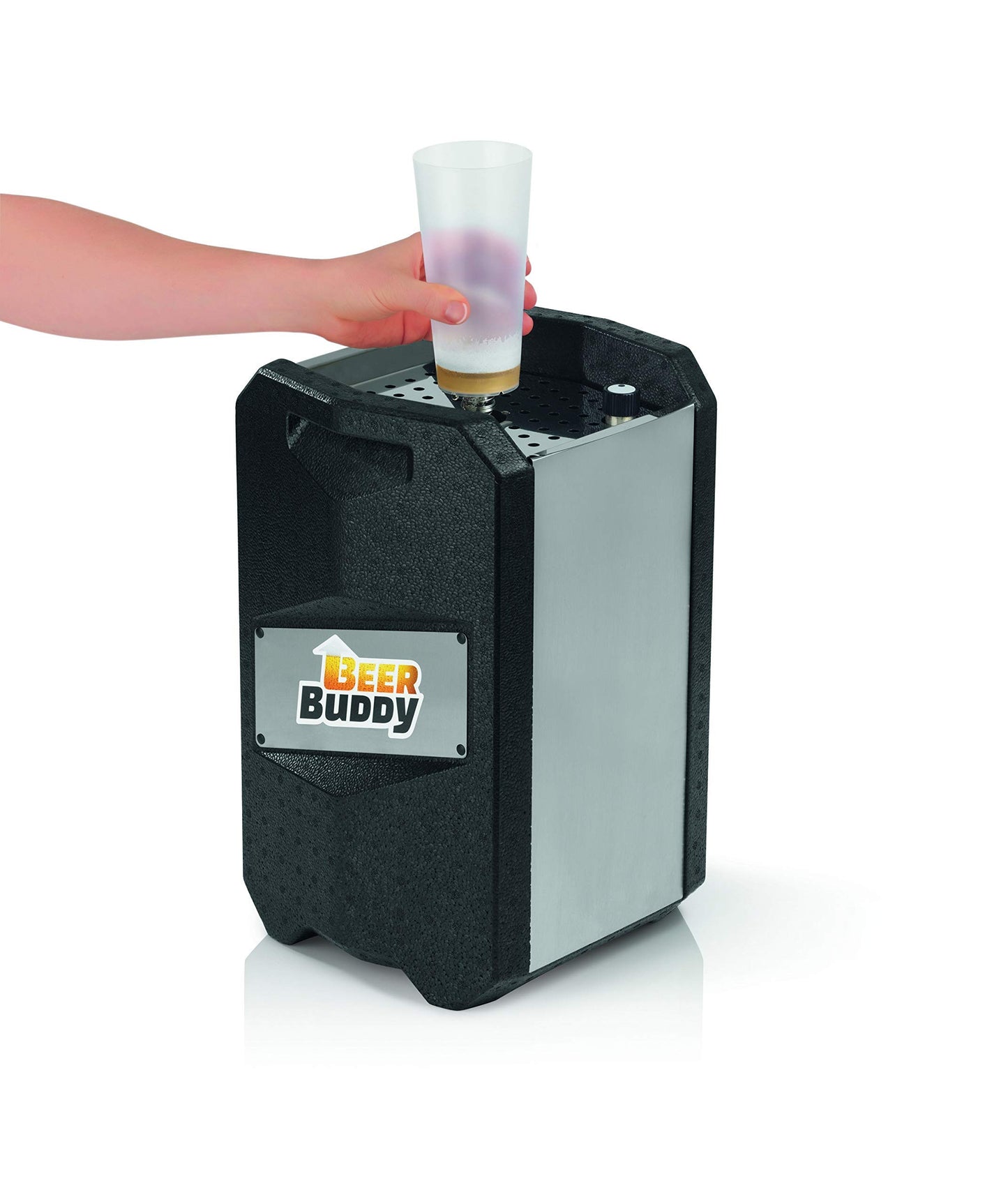 Beer Buddy Version 2023 Bottoms Up Beer Zapfanlage mobil, da ohne Strom. Für alle 5 Liter Partyfässer. Starterpaket inklusive Mehrwegbecher, Co2 Kapseln und Magneten.